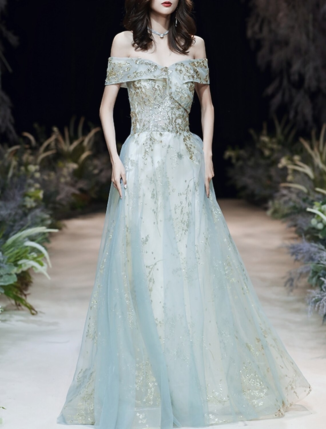 A-Line Evening Gown Elegant Dress Wedding Guest Engagement Floor Length Short Sleeve Off Shoulder Tulle with Sequin